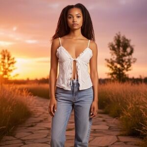 Colsie Women's White Crop Top V-neck Poplin Swiss Dot Sexy Slit PJ Top Size XS